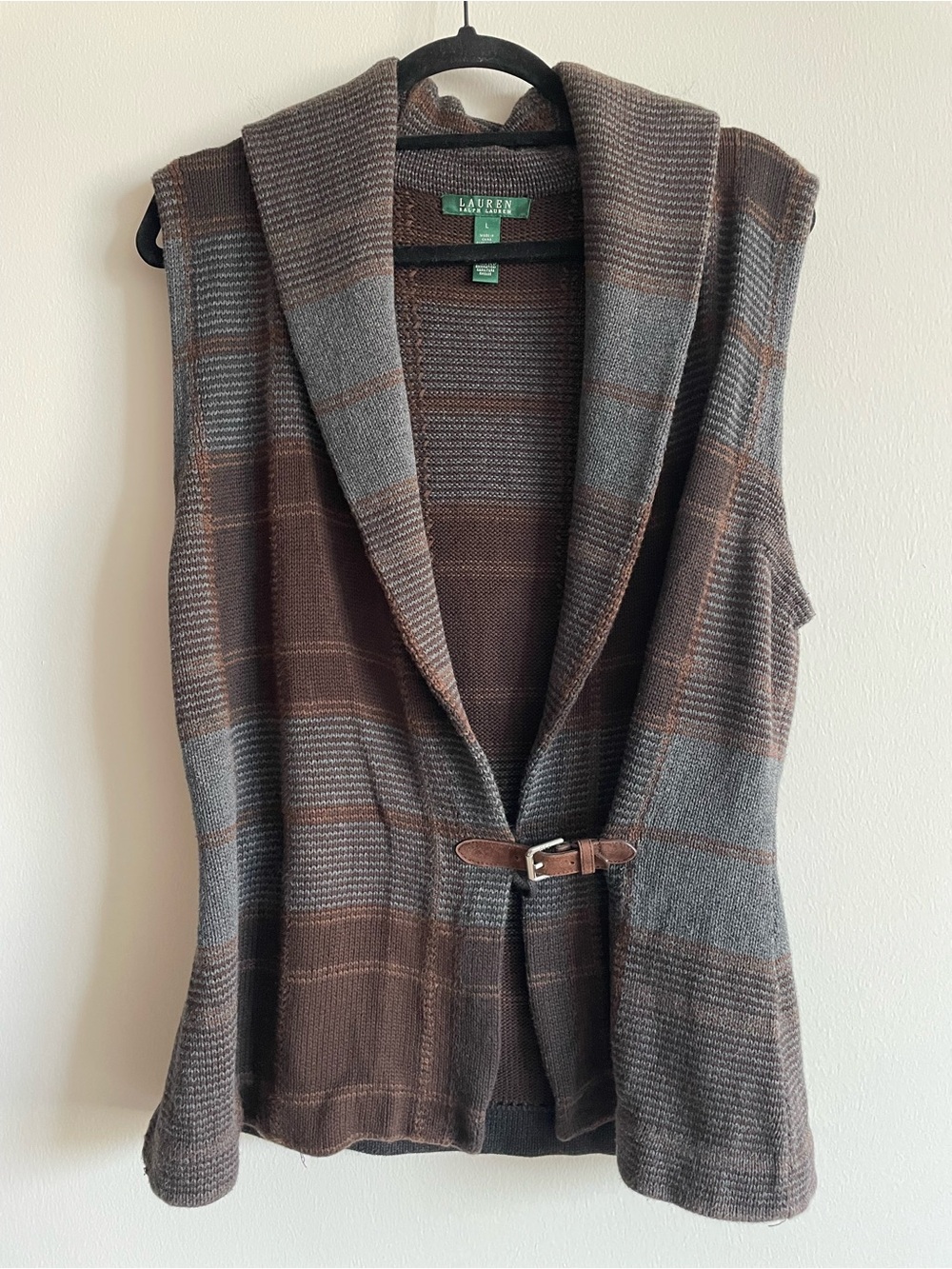 Lauren Ralph Lauren Knit Sweater Vest Brown Gray Buckle Equestrian Academia L